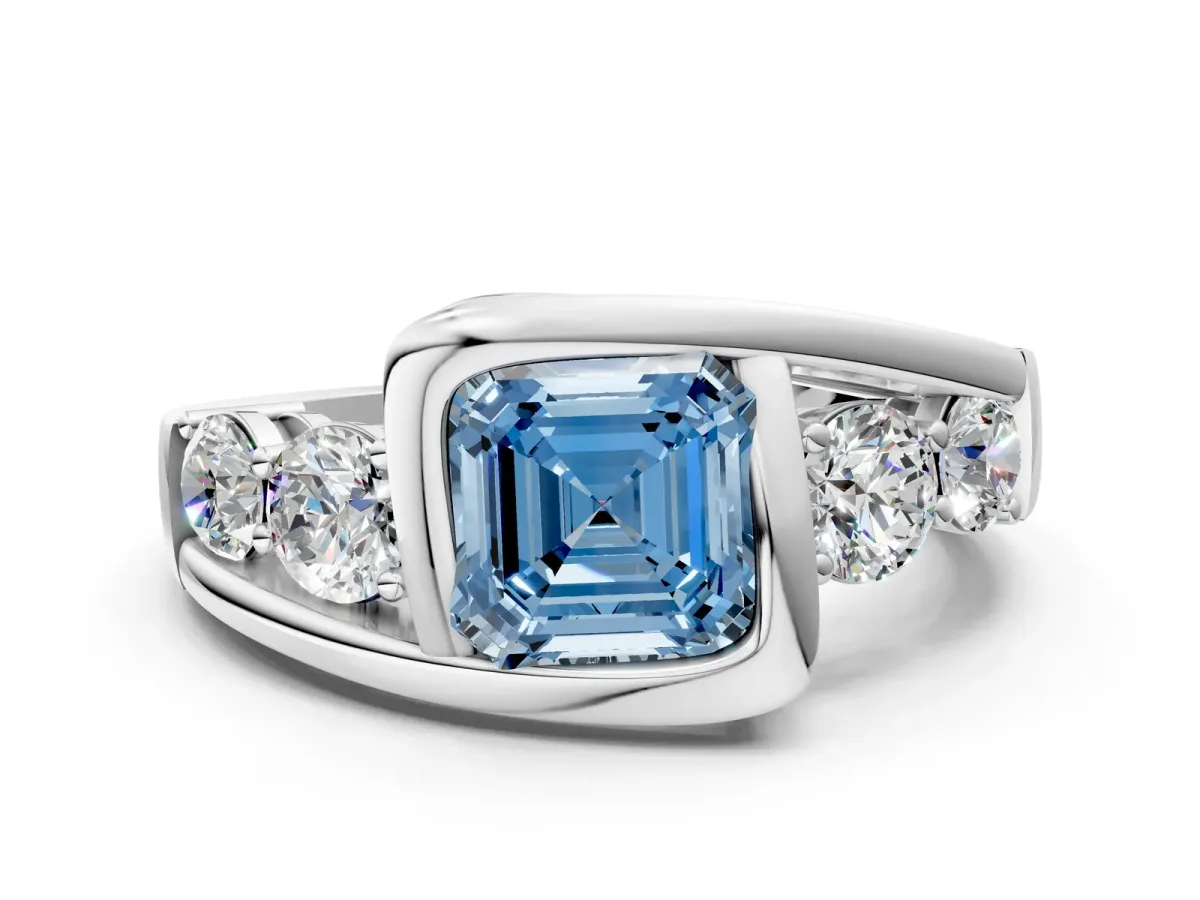 Fancy Blue Bezel Set Asscher Cut Diamond Bypass Ring with Round Accents White gold