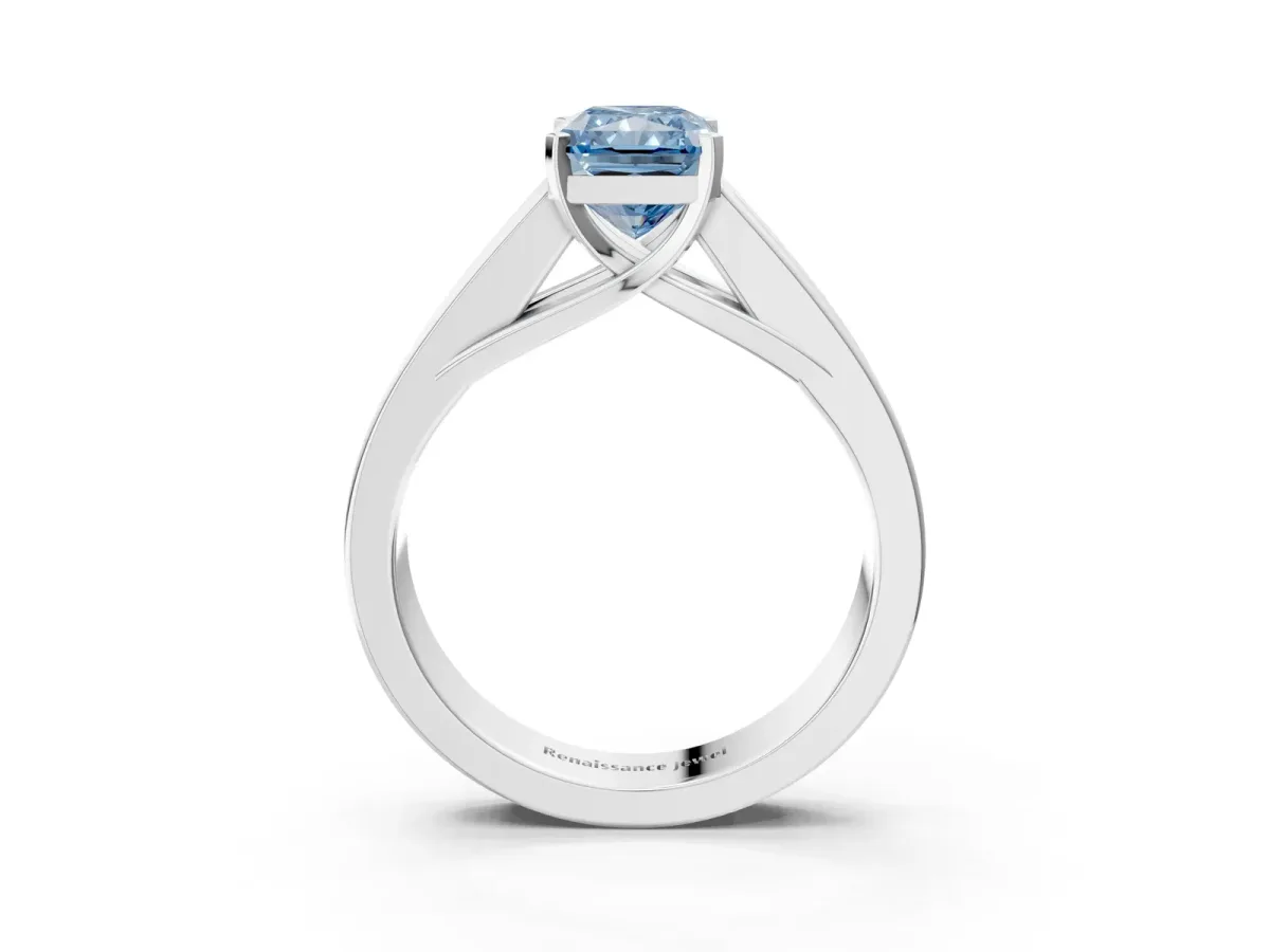 Fancy Blue Radiant Cut Cut Channel Set Solitaire Ring with Four-Prong Setting White gold