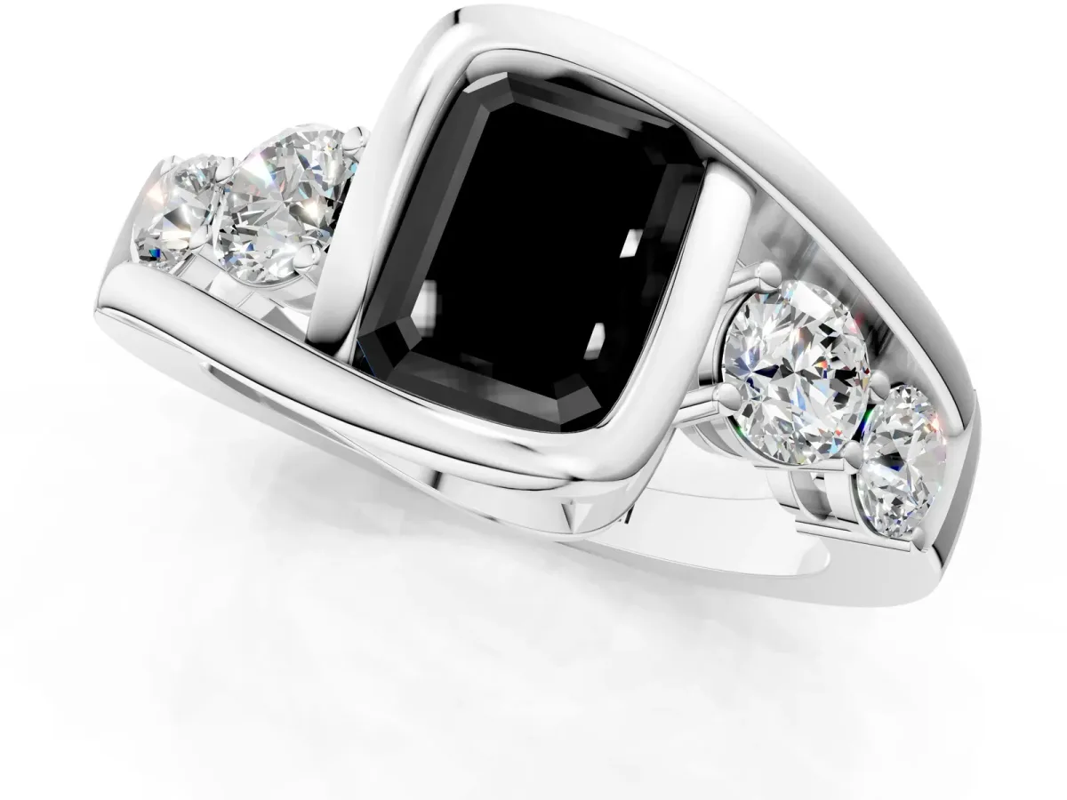 Fancy Black Bezel Set Emerald Cut Diamond Bypass Ring with Round Accents Silver