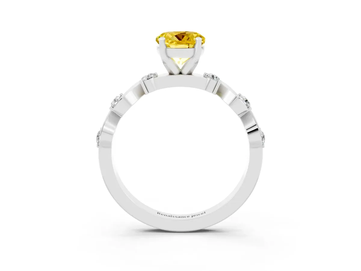 Round Cut Yellow Sapphire Solitaire Twisted Band with Round Accents and Prong Setting White gold