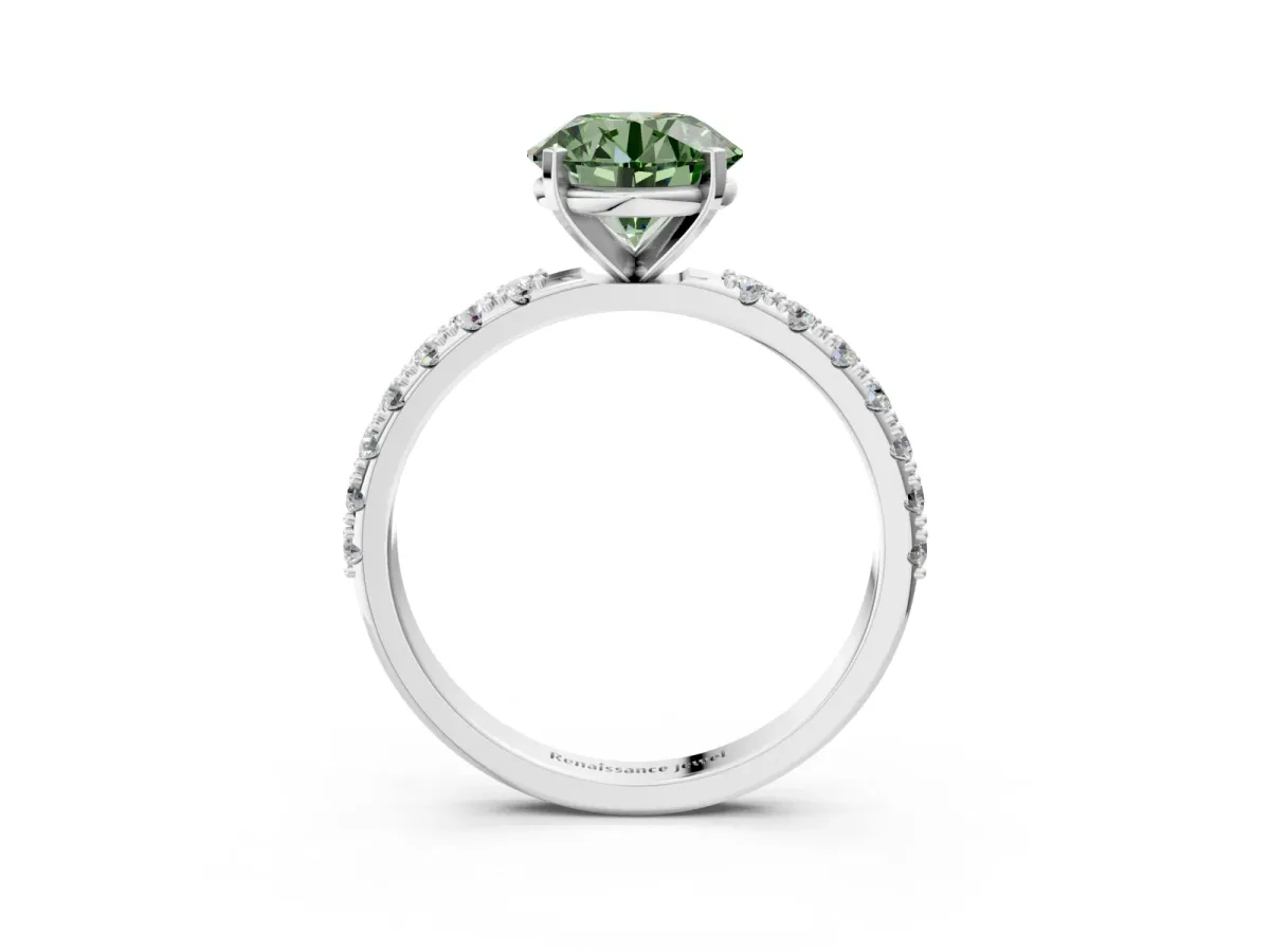 Fancy Green Round Cut Diamond Solitaire Pavé Band with Four-Prong Setting Platinum