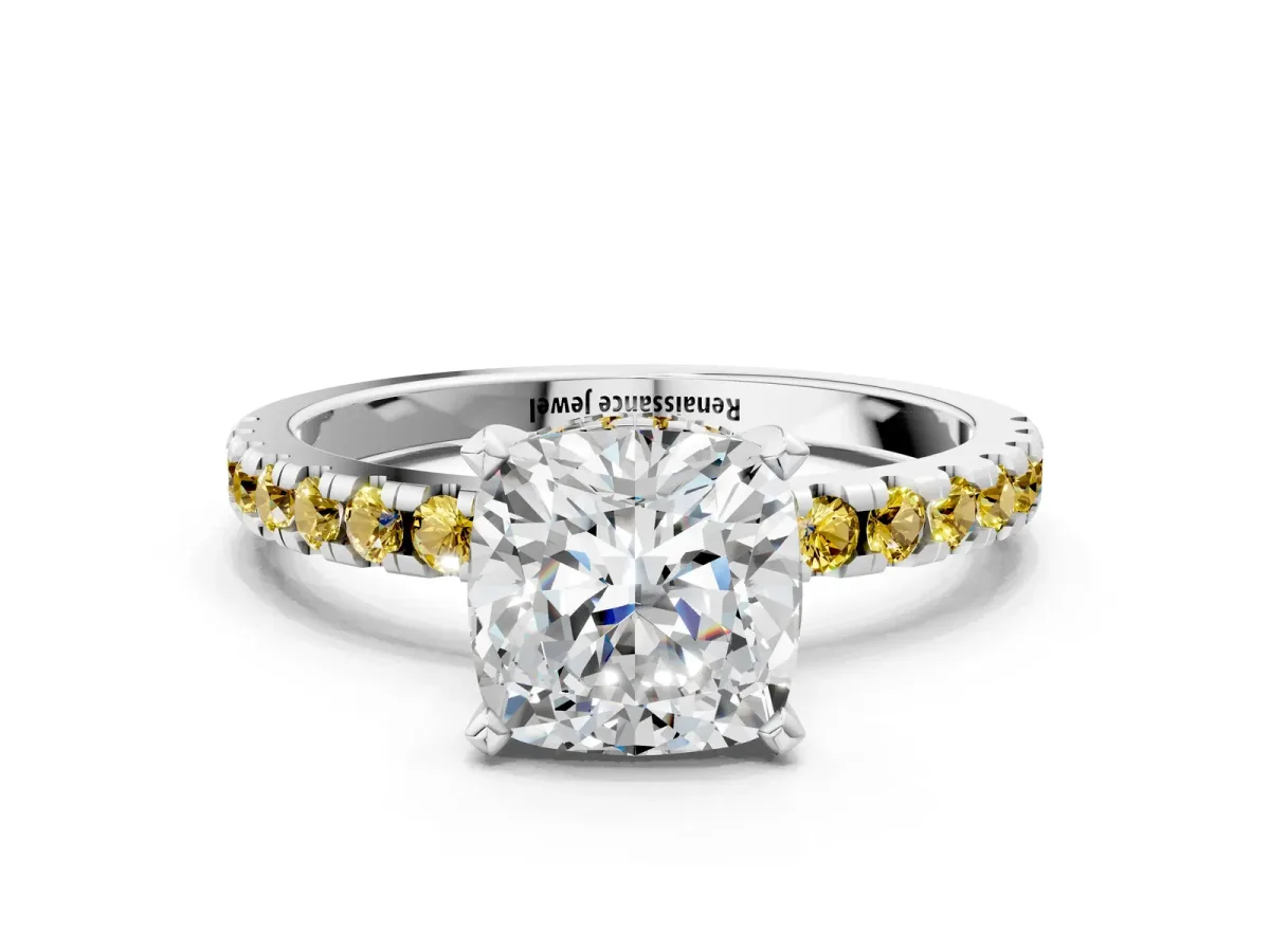 Cushion Cut Diamond Solitaire Ring with Round Yellow Sapphire Pavé Band and Four-Prong Setting White gold