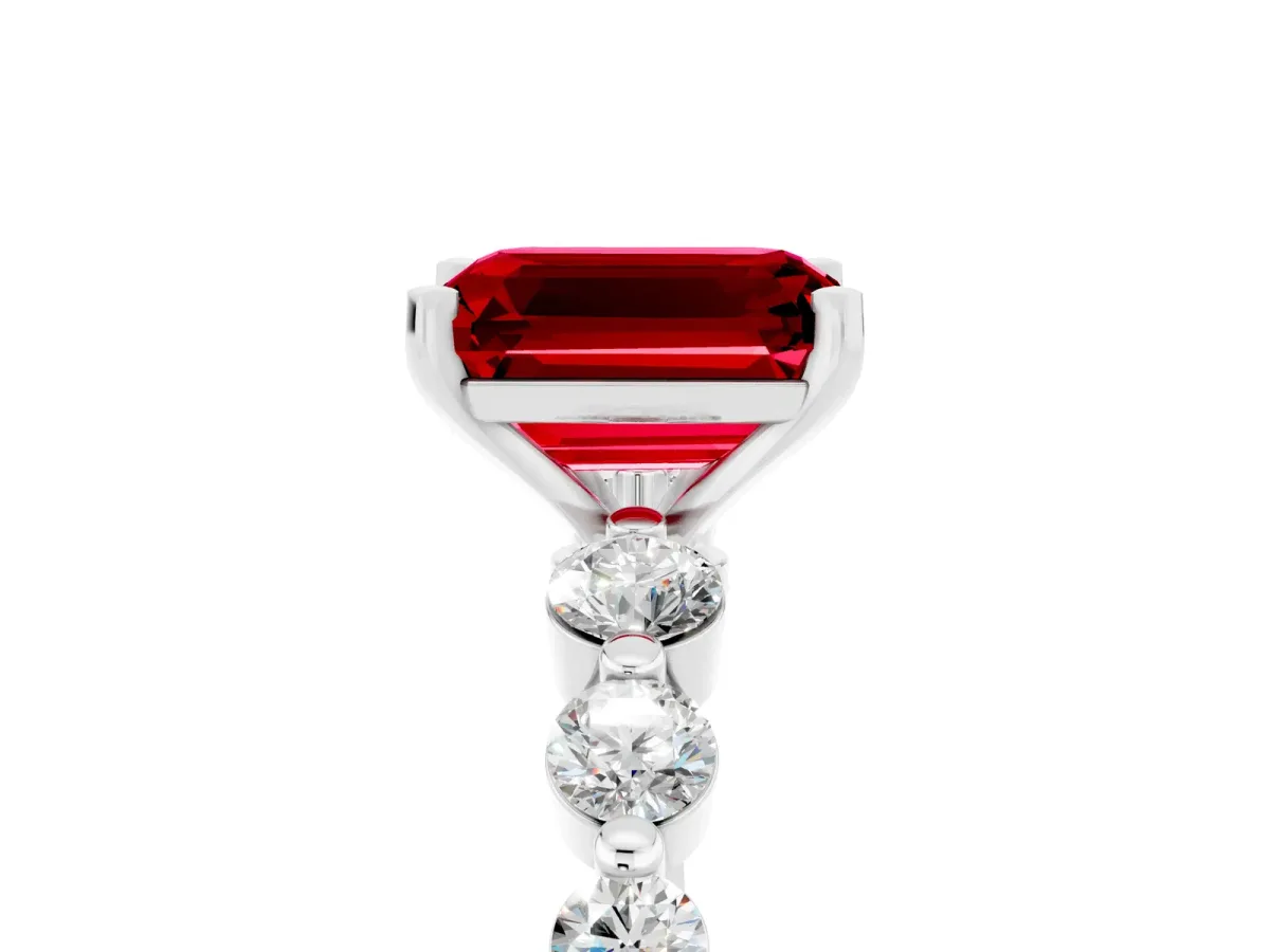 Emerald Cut Solitaire Ruby Ring with Pave Band and Four-Prong Setting Platinum