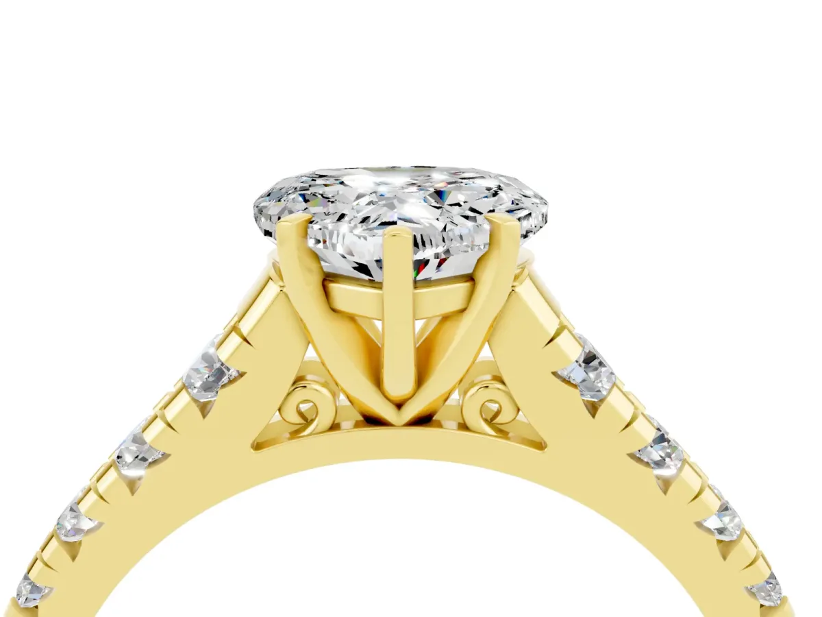 Heart Cut Moissanite Cathedral Solitaire Ring with Round Pavé Band Yellow gold