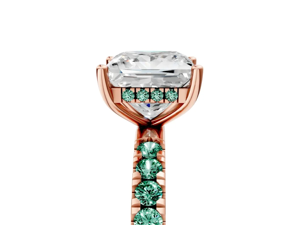 Princess Cut Diamond Pave Band Solitaire Ring with Round Green Sapphire and Prong Setting Rose gold