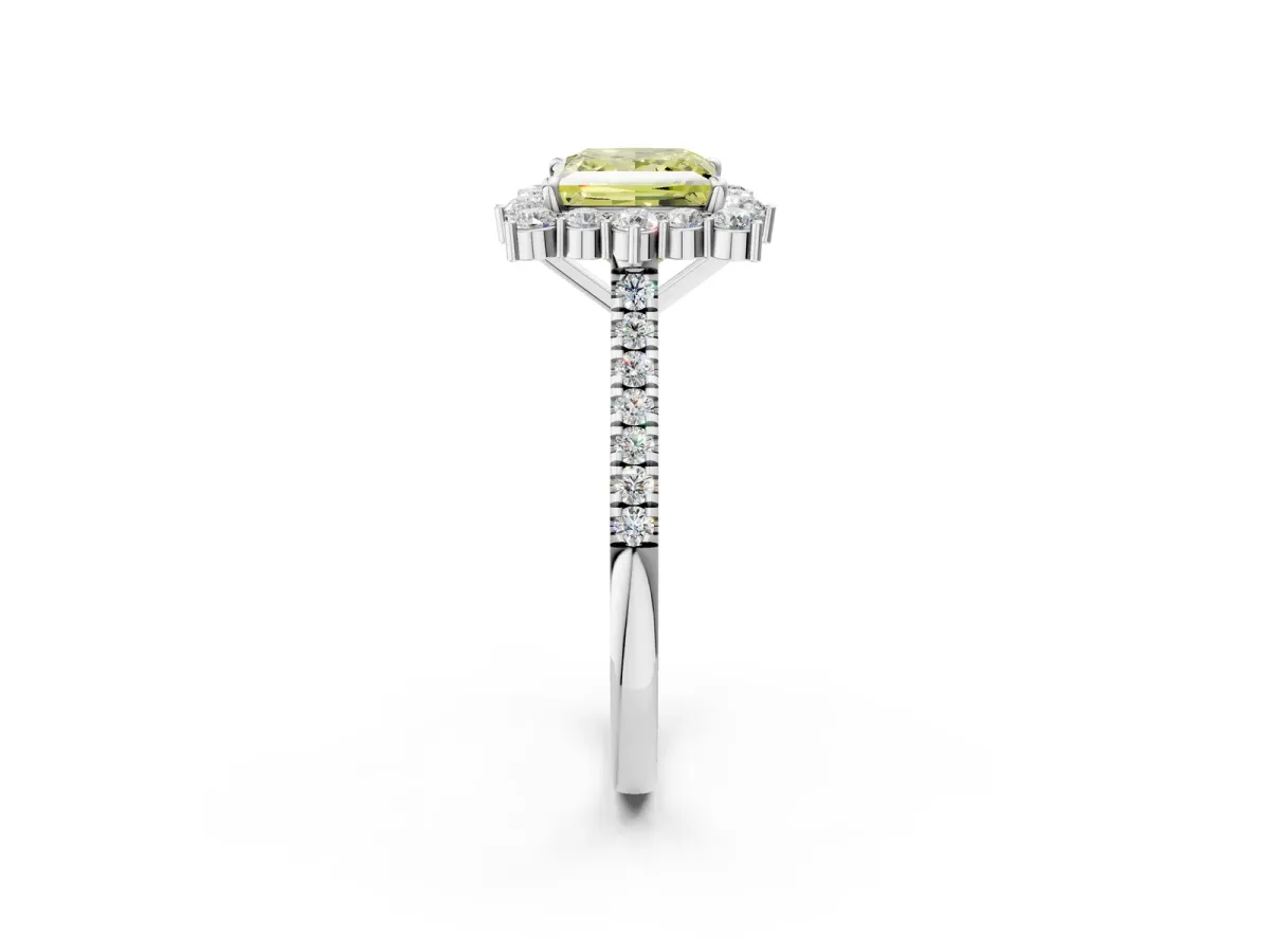 Fancy Yellow Princess Cut Halo Diamond Ring with Pavé Band and Prong Setting White gold