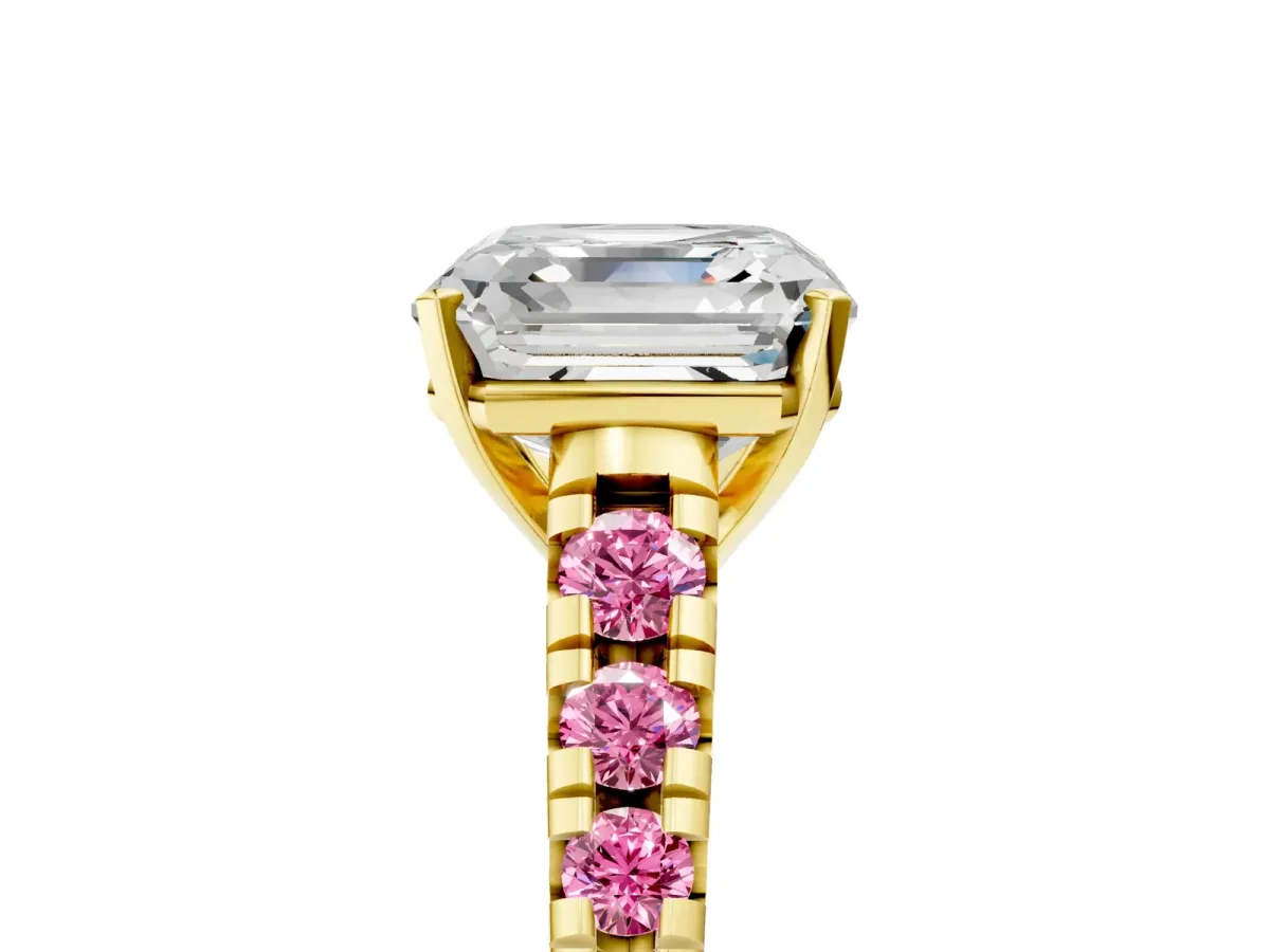 Asscher Cut Diamond Cathedral Solitaire Ring with Round Pink Sapphire Pavé Band Yellow gold