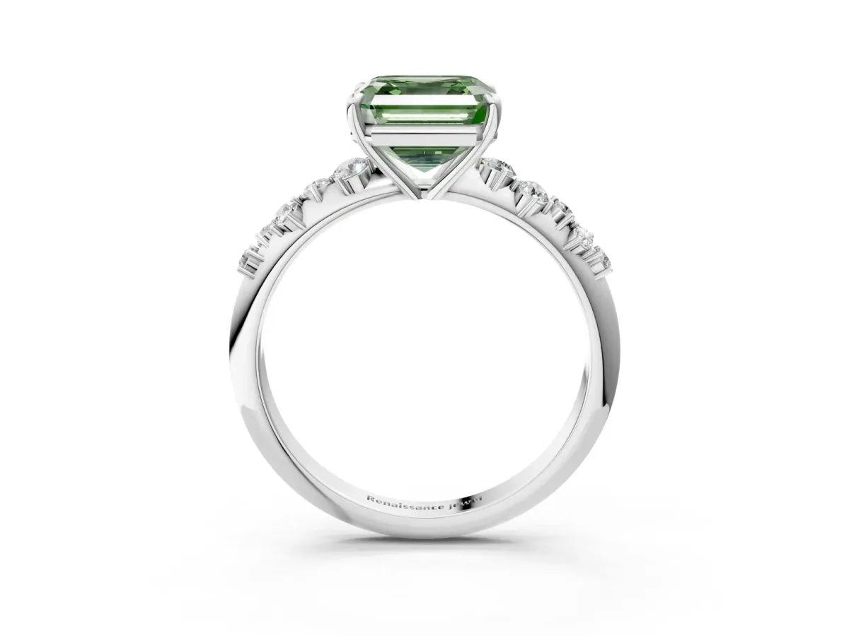 Fancy Green Asscher Cut Diamond Cluster Side Stone Solitaire Ring with Prong Setting Platinum