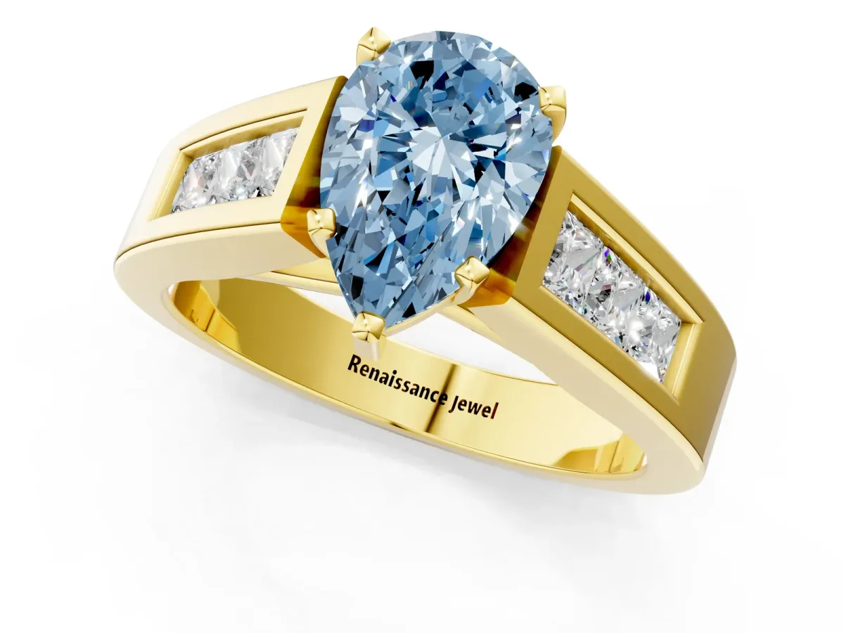 Fancy Blue Pear Cut Cut Channel Set Solitaire Ring with Four-Prong Setting Yellow gold