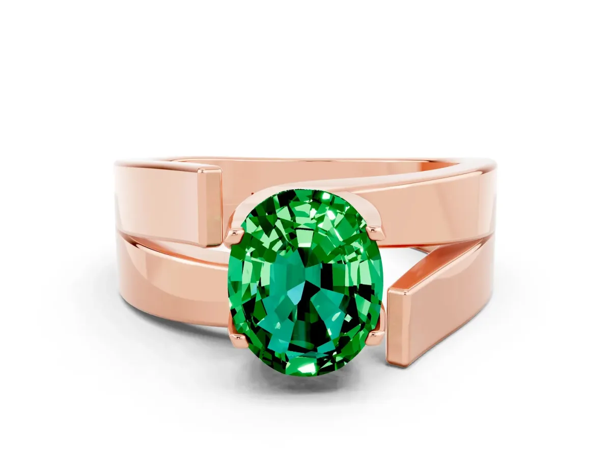 Modern Tension Set Oval Cut Emerald Solitaire Wide Band Ring Rose gold