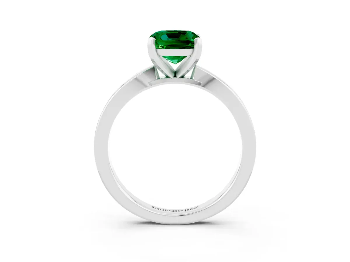 Cushion Cut Emerald Solitaire Engagement Ring with Classic Band and Four-Prong Setting Silver