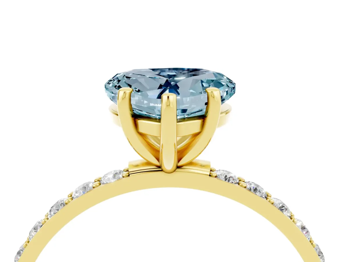 Heart Cut Aquamarine Solitaire Ring with Round Pavé Band and Prong Setting Yellow gold