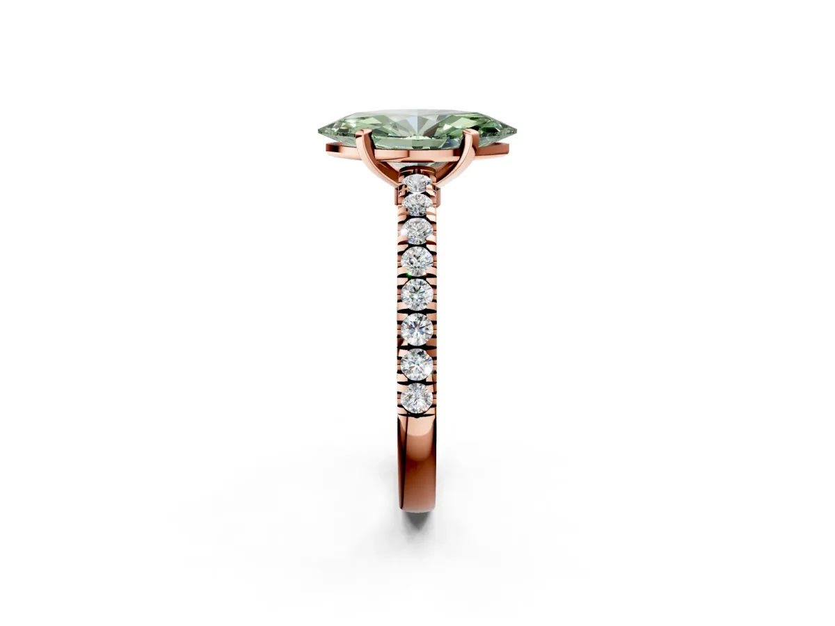 Fancy Green Marquise Cut Solitaire Diamond with Pavé Band and Four-Prong Setting Rose gold