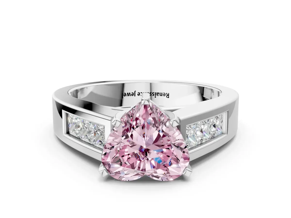 Fancy Pink Heart Cut Cut Channel Set Solitaire Ring with Four-Prong Setting White gold