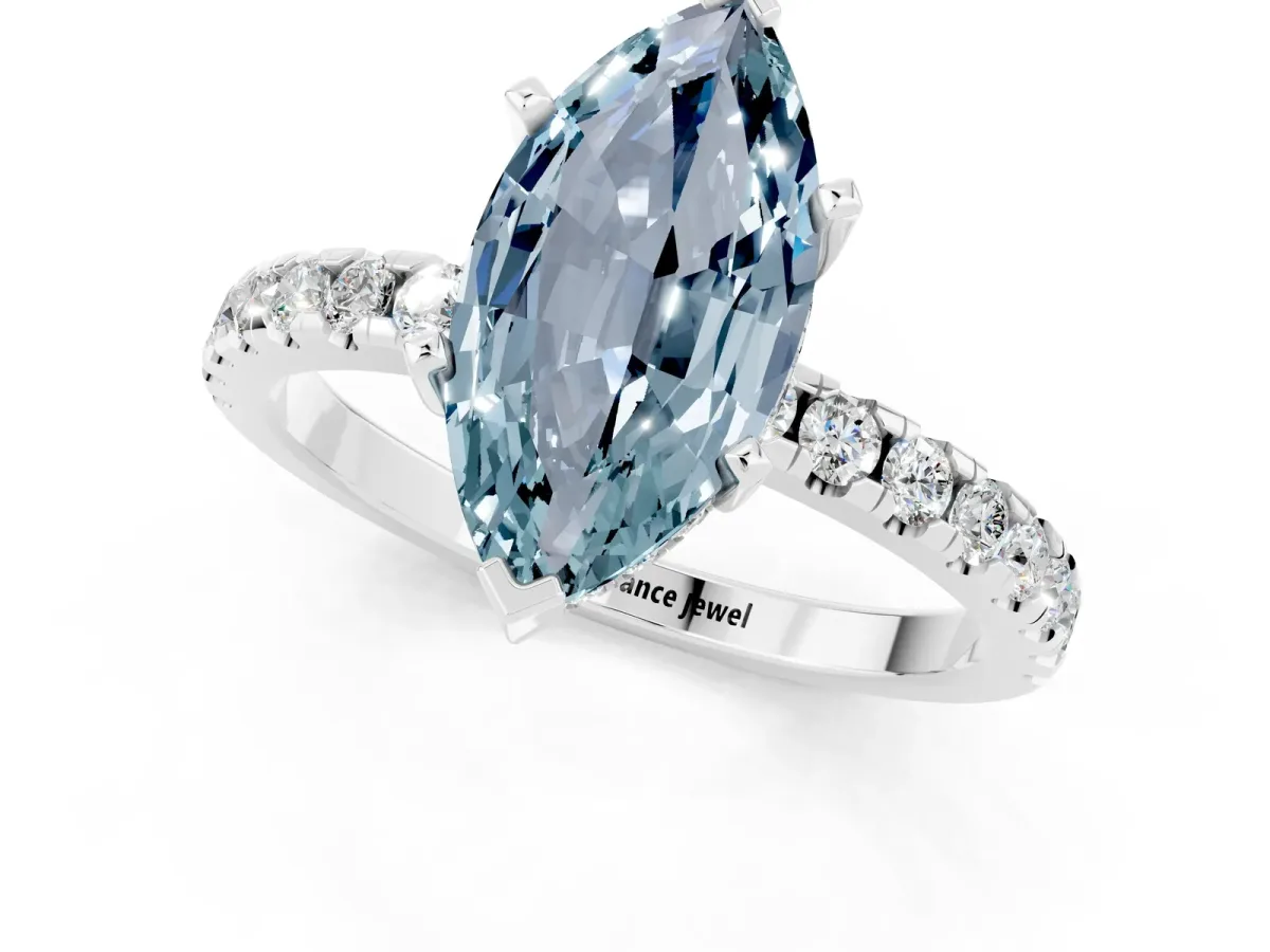 Marquise Cut Aquamarine Solitaire Ring with Round Pavé Band and Four-Prong Setting White gold