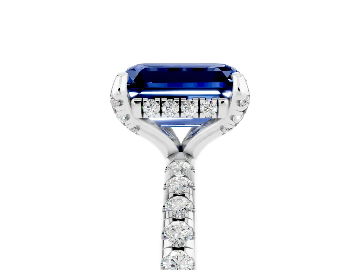 Emerald Cut Blue Sapphire Hidden Halo Engagement Ring with Round Pavé Band and Prong Setting Silver