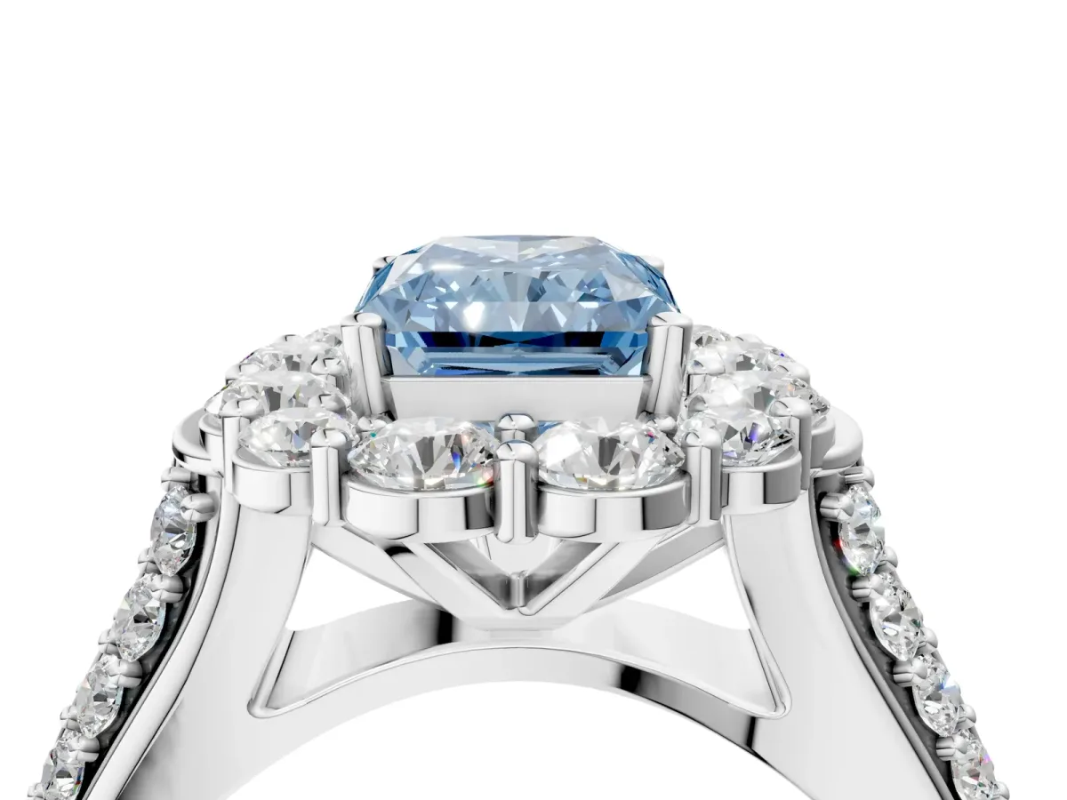 Fancy Blue Radiant Cut Halo Diamond Engagement Ring with Split Shank and Prong Setting Platinum