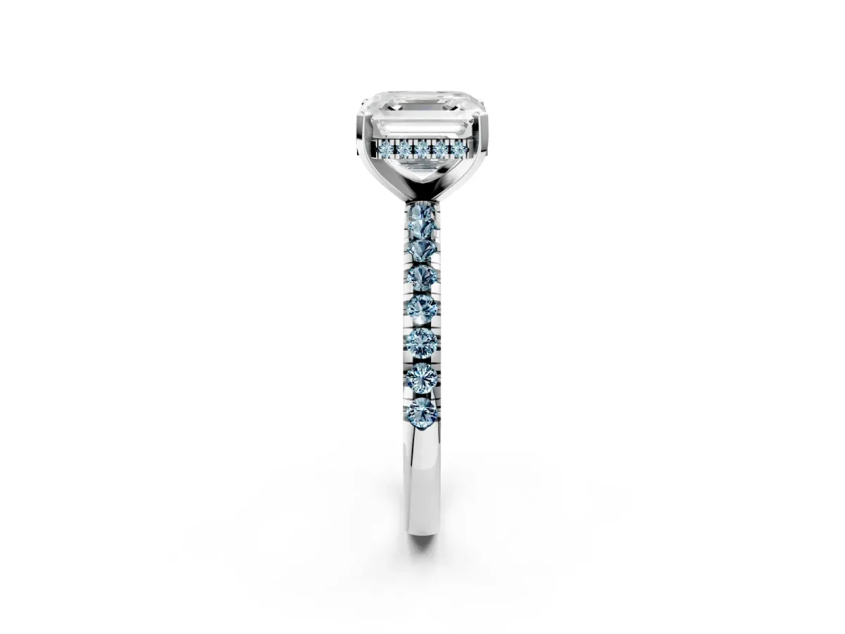 Asscher Cut Diamond Solitaire Ring with Round Aquamarine Pavé Band and Four-Prong Setting White gold