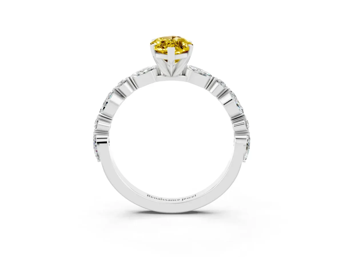 Marquise Cut Yellow Sapphire Ring with Marquise and Round Side Stones and Four-Prong Setting White gold