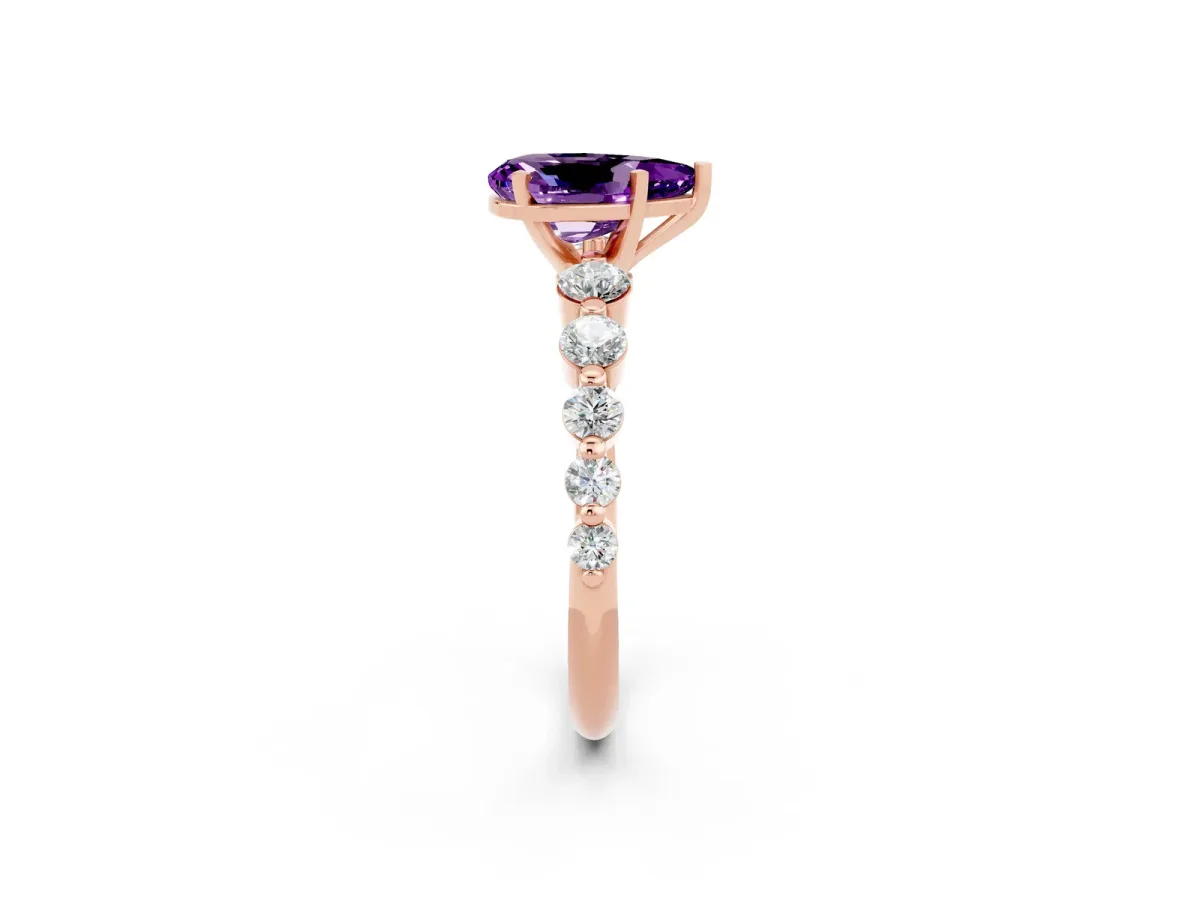 Pear Cut Solitaire Amethyst Ring with Pave Band and Four-Prong Setting Rose gold