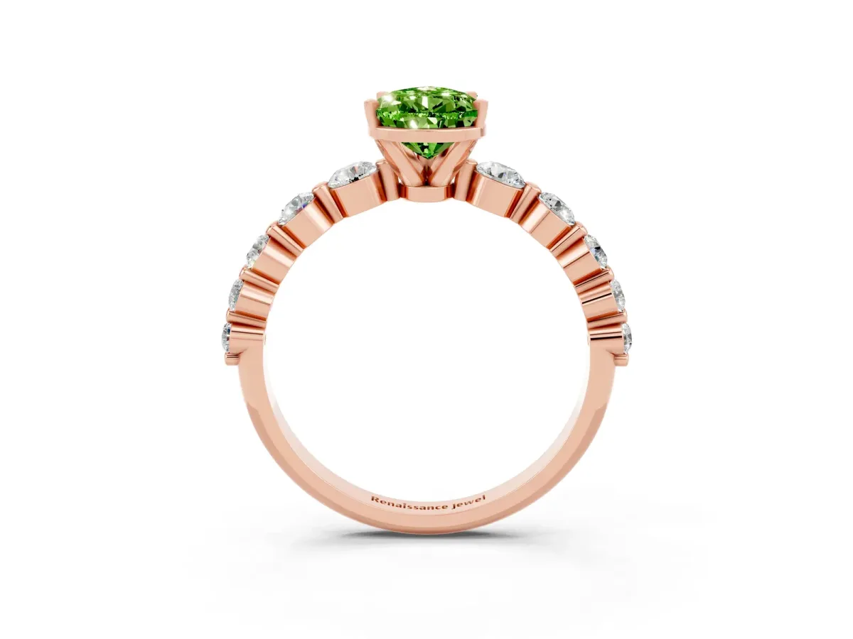 Pear Cut Solitaire Peridot Ring with Pave Band and Four-Prong Setting Rose gold