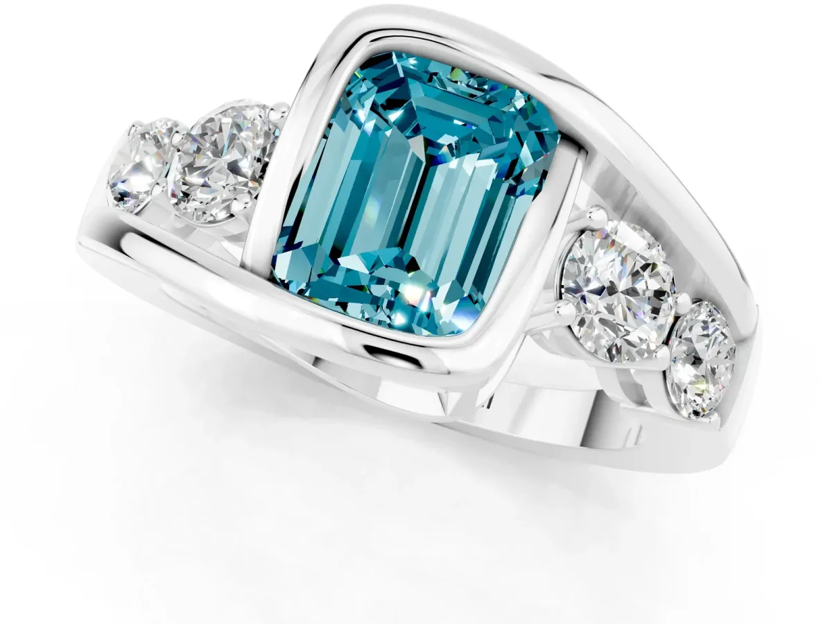 Bezel Set Emerald Cut Blue Topaz Bypass Ring with Round Accents Silver