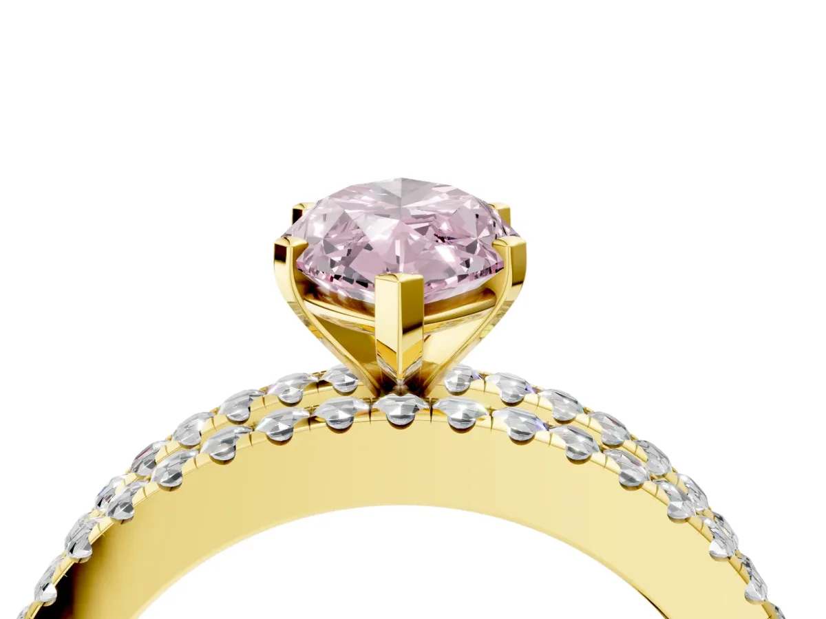 Fancy Pink Marquise Cut Diamond Solitaire Ring with Pavé and Channel Set Band Yellow gold