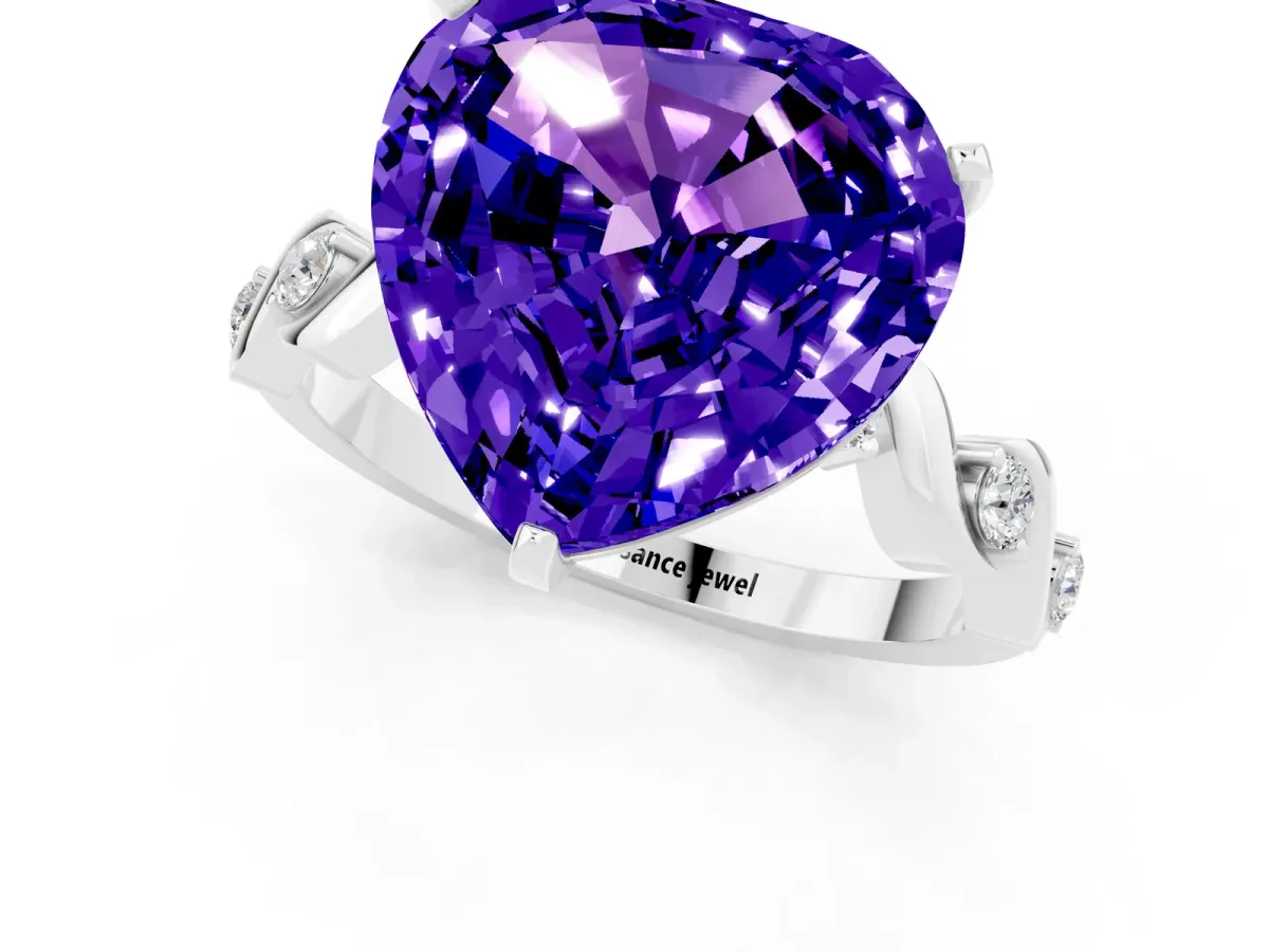 Heart Cut Tanzanite Solitaire Twisted Band with Round Accents and Prong Setting White gold