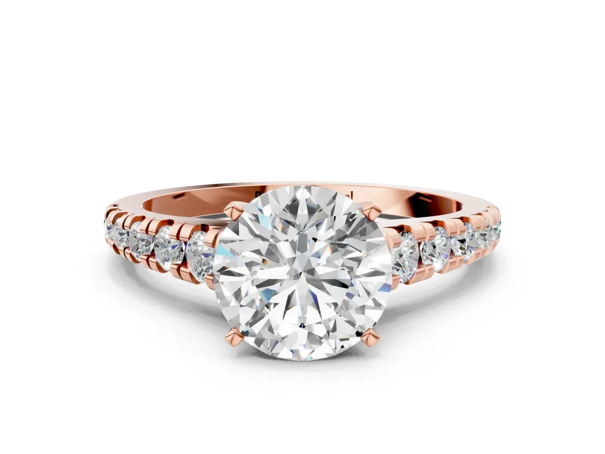 Round Cut Diamond Cathedral Solitaire Ring with Round Pavé Band Rose gold