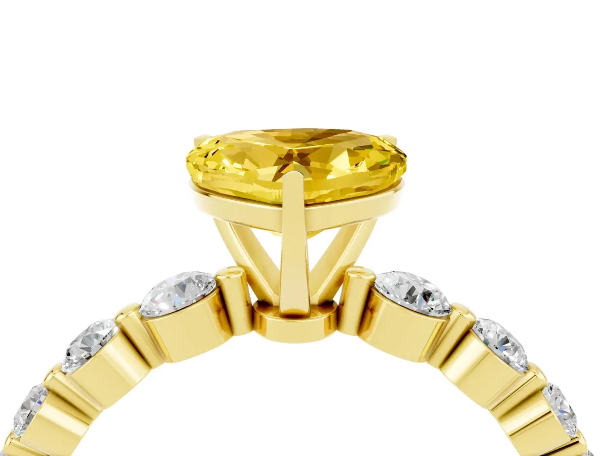 Heart Cut Solitaire Yellow Sapphire Ring with Pave Band and Four-Prong Setting Yellow gold