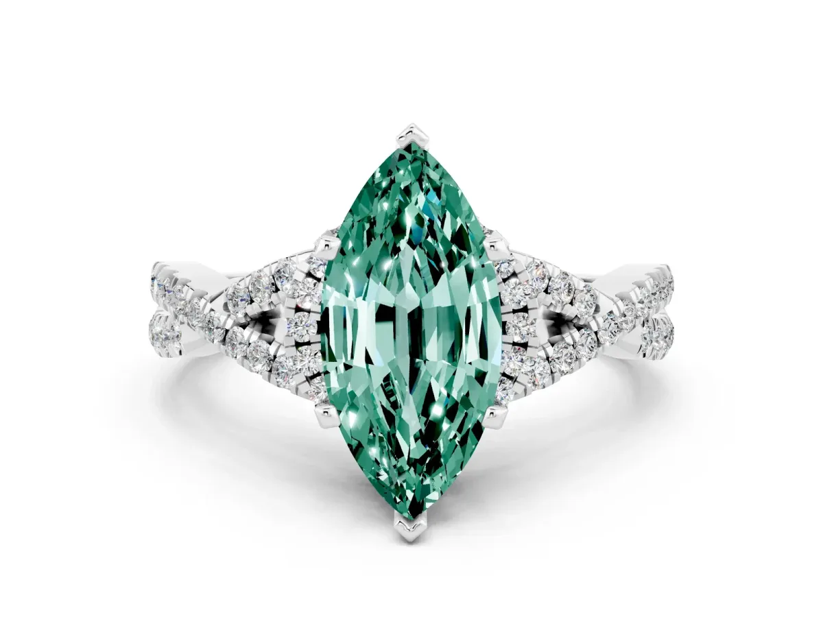 Marquise Cut Green Sapphire Halo Twist Band Solitaire Prong Setting Ring White gold