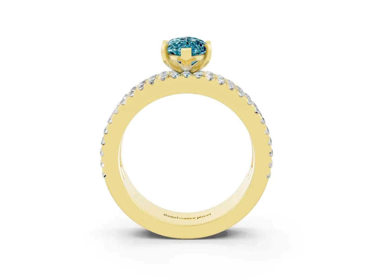 Marquise Cut Blue Topaz Solitaire Ring with Pavé and Channel Set Band Yellow gold