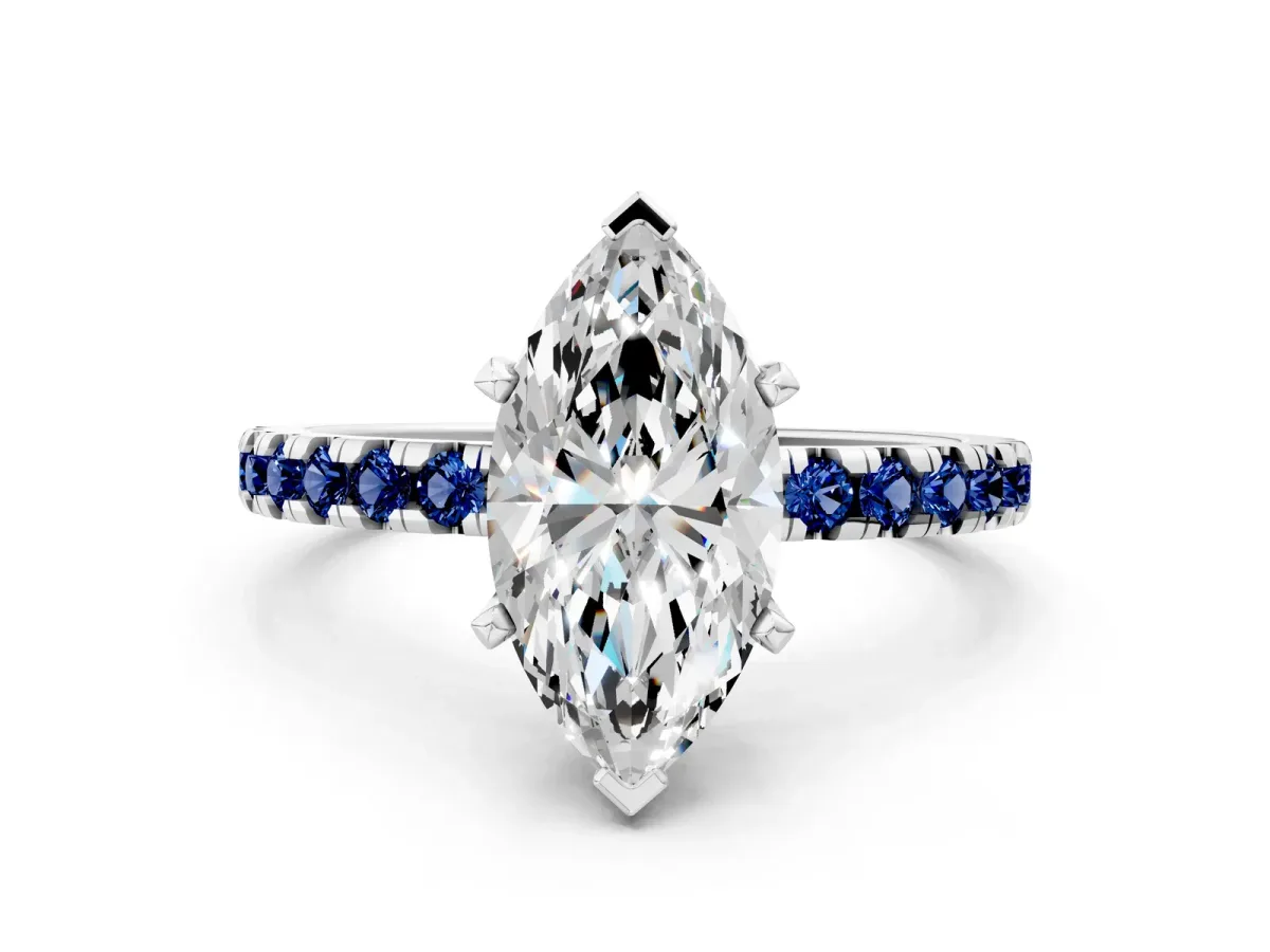 Marquise Cut Diamond Solitaire Ring with Round Blue Sapphire Pavé Band and Four-Prong Setting White gold
