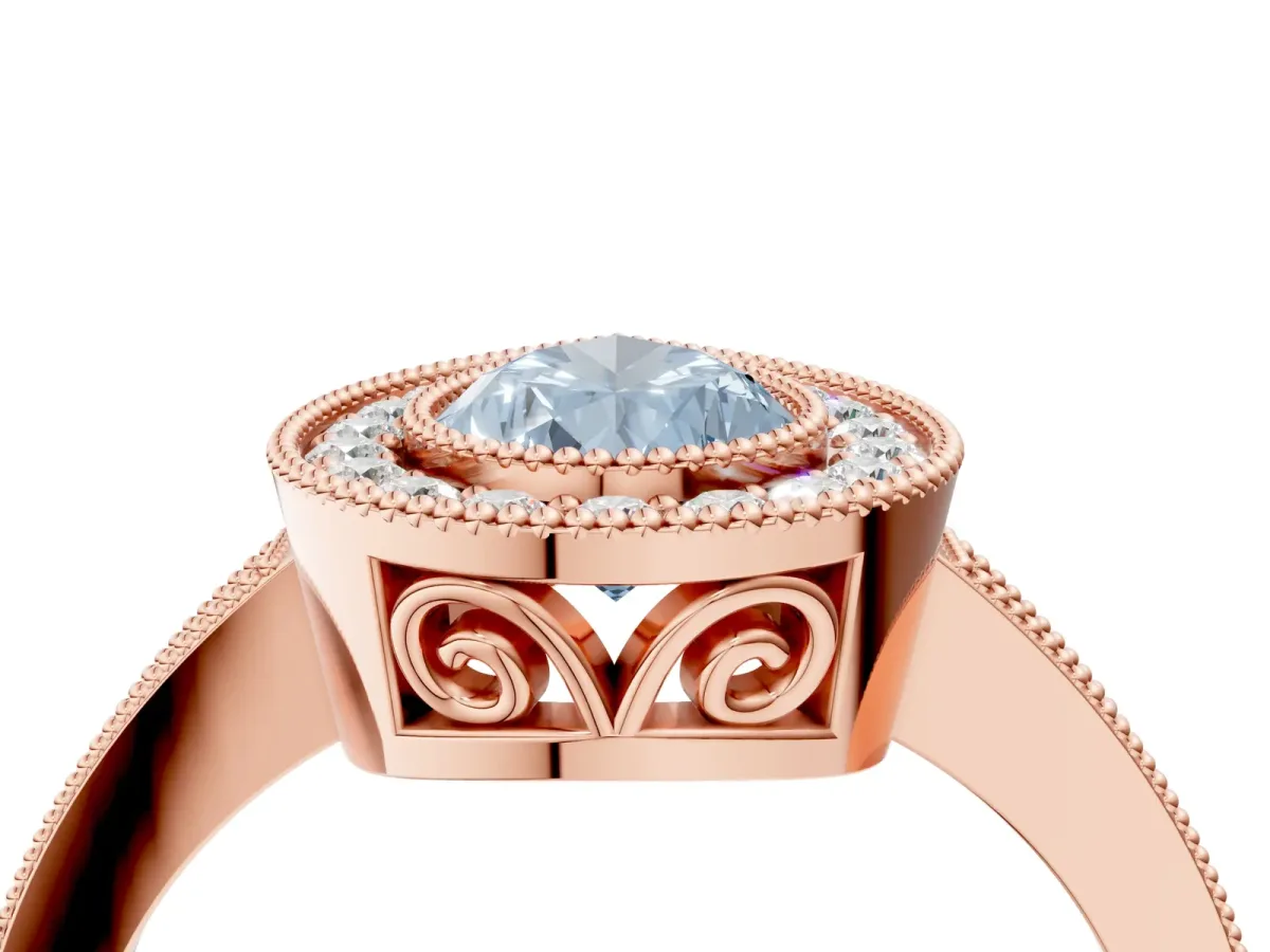 Fancy Blue Pear Cut Cut Halo Diamond Ring with Pavé Band and Milgrain Prong Setting Rose gold