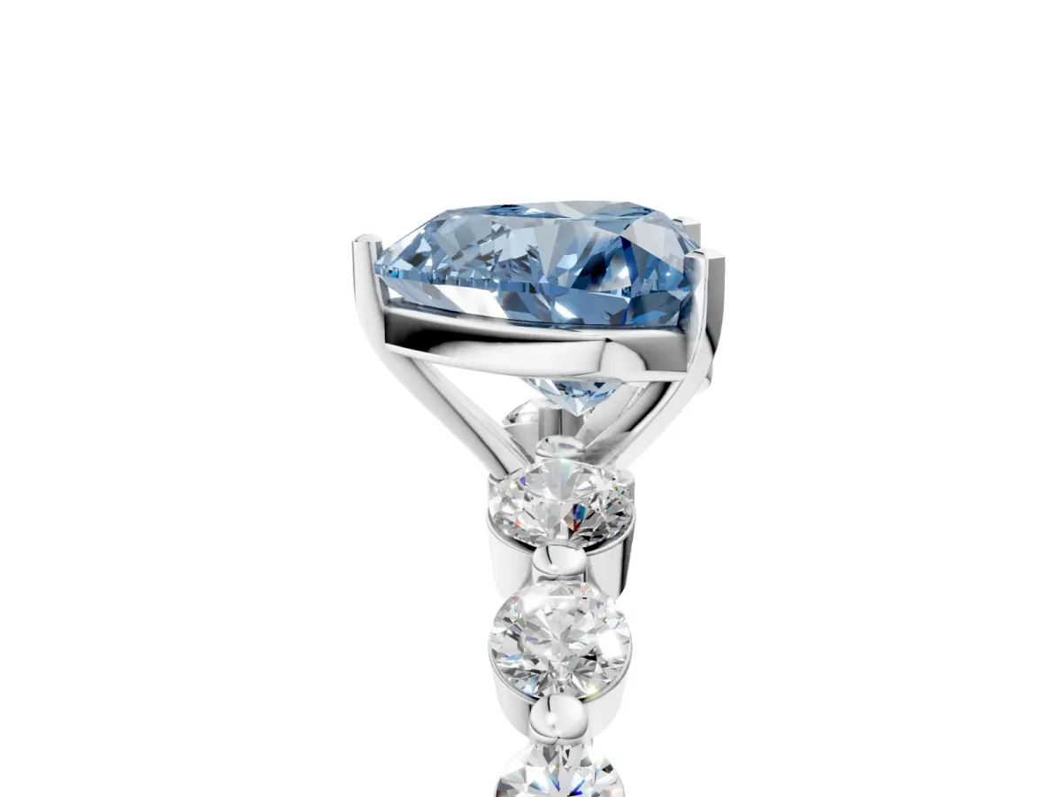 Fancy Blue Heart Cut Solitaire Diamond Ring with Pave Band and Four-Prong Setting Platinum