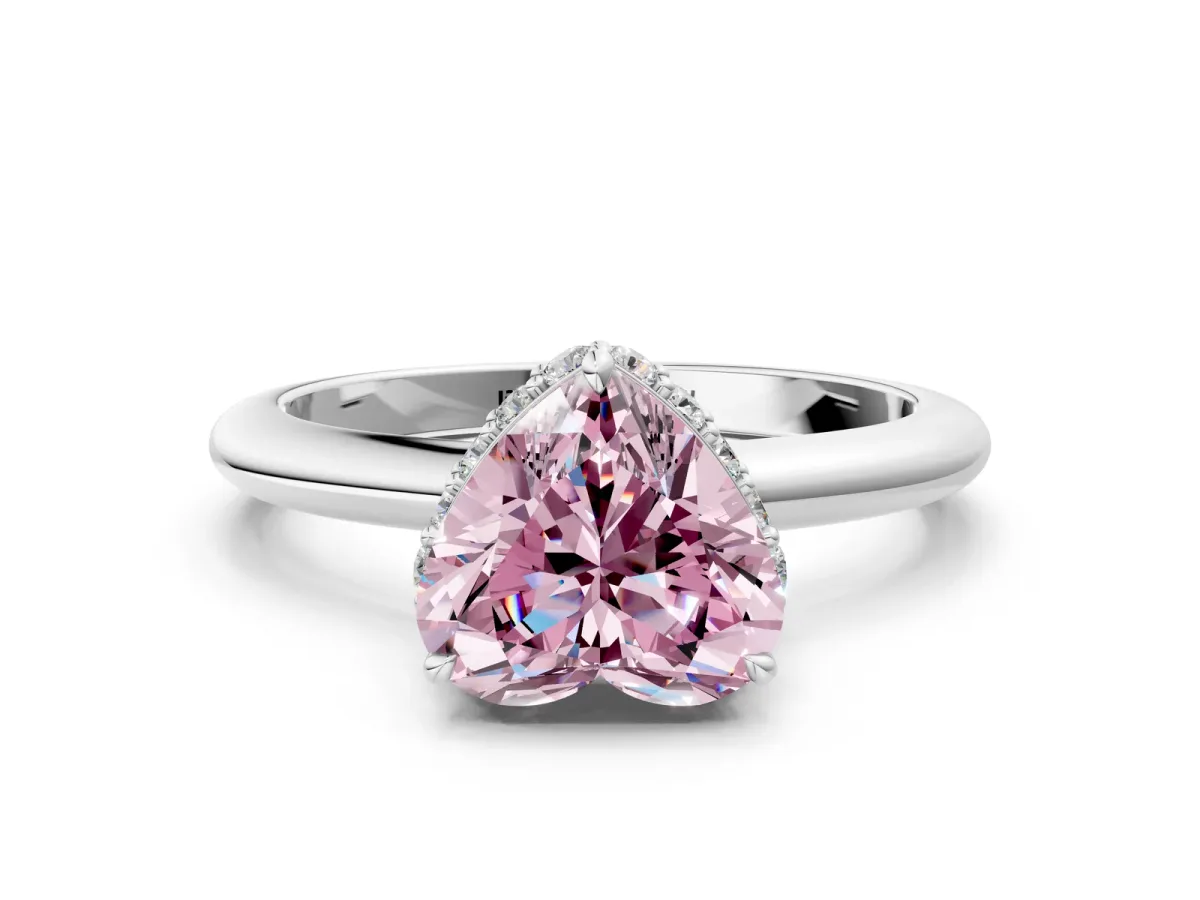 Fancy Pink Heart Cut Brilliant Solitaire Engagement Ring with Six-Prong Setting and Classic Band Platinum