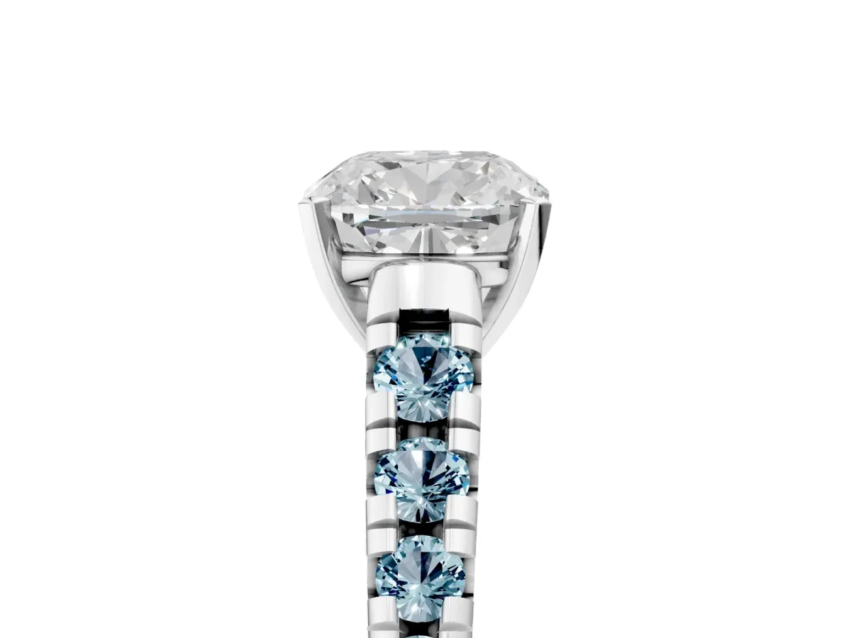 Cushion Cut Diamond Cathedral Solitaire Ring with Round Aquamarine Pavé Band White gold