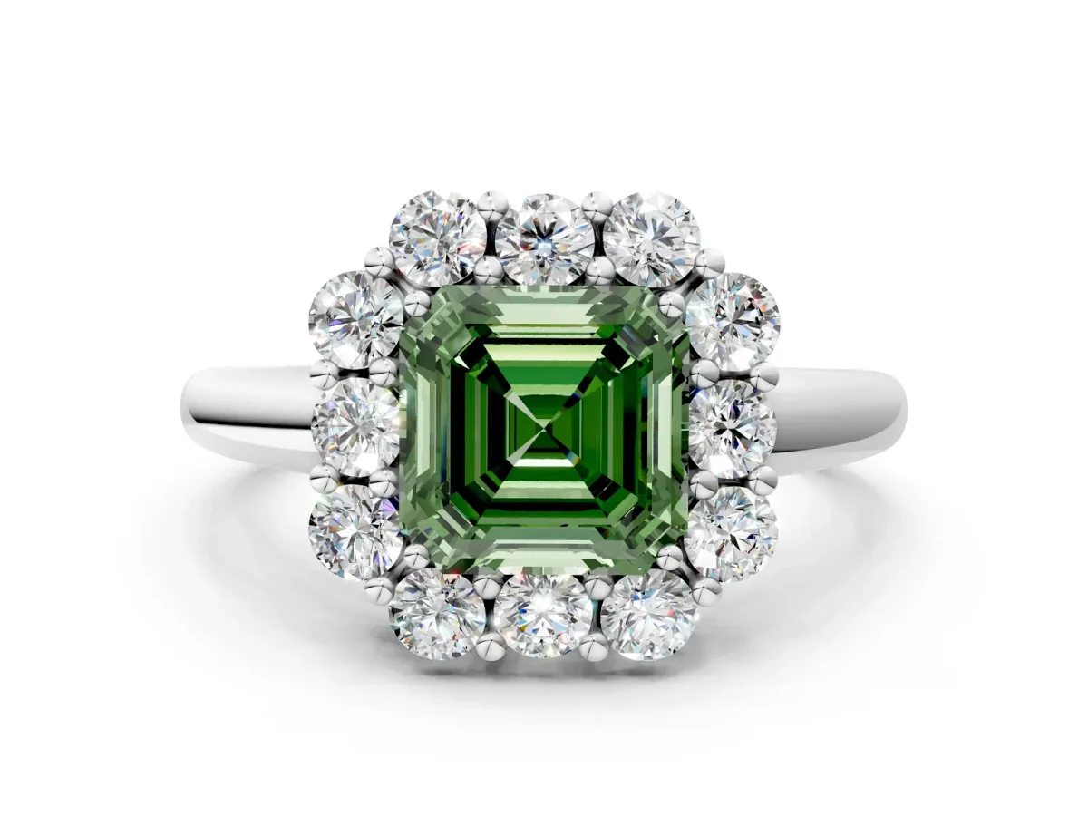 Fancy Green Asscher Cut Halo Milgrain Solitaire with Bezel Set Side Stones and Pave Band Platinum