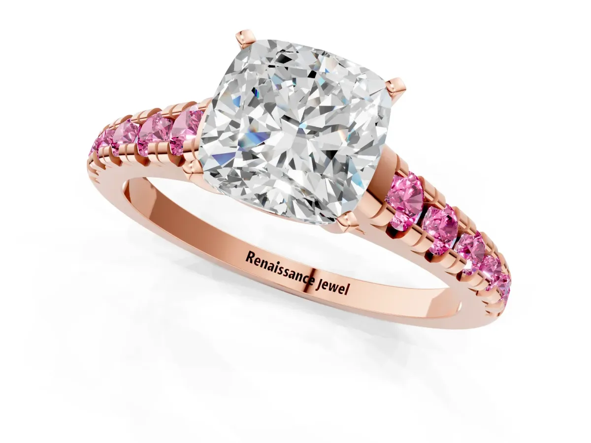 Cushion Cut Diamond Cathedral Solitaire Ring with Round Pink Sapphire Pavé Band Rose gold