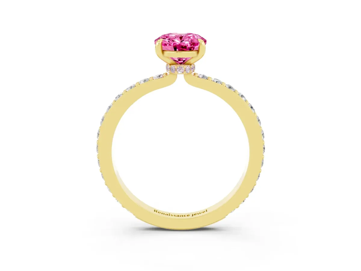 Oval Cut Pink Sapphire Solitaire Engagement Ring with Pavé Band and Four-Prong Setting Yellow gold