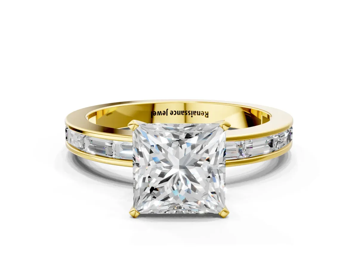 Princess Cut Solitaire Diamond Ring with Channel-Set Baguette Band and Four-Prong Setting Yellow gold
