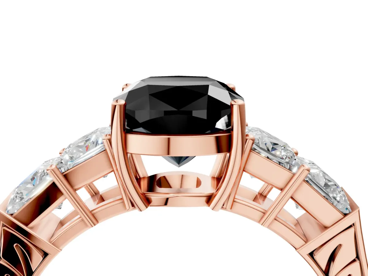 Fancy Black Cushion Cut Solitaire Princess Side Stone Engraved Band Prong Setting Ring Rose gold