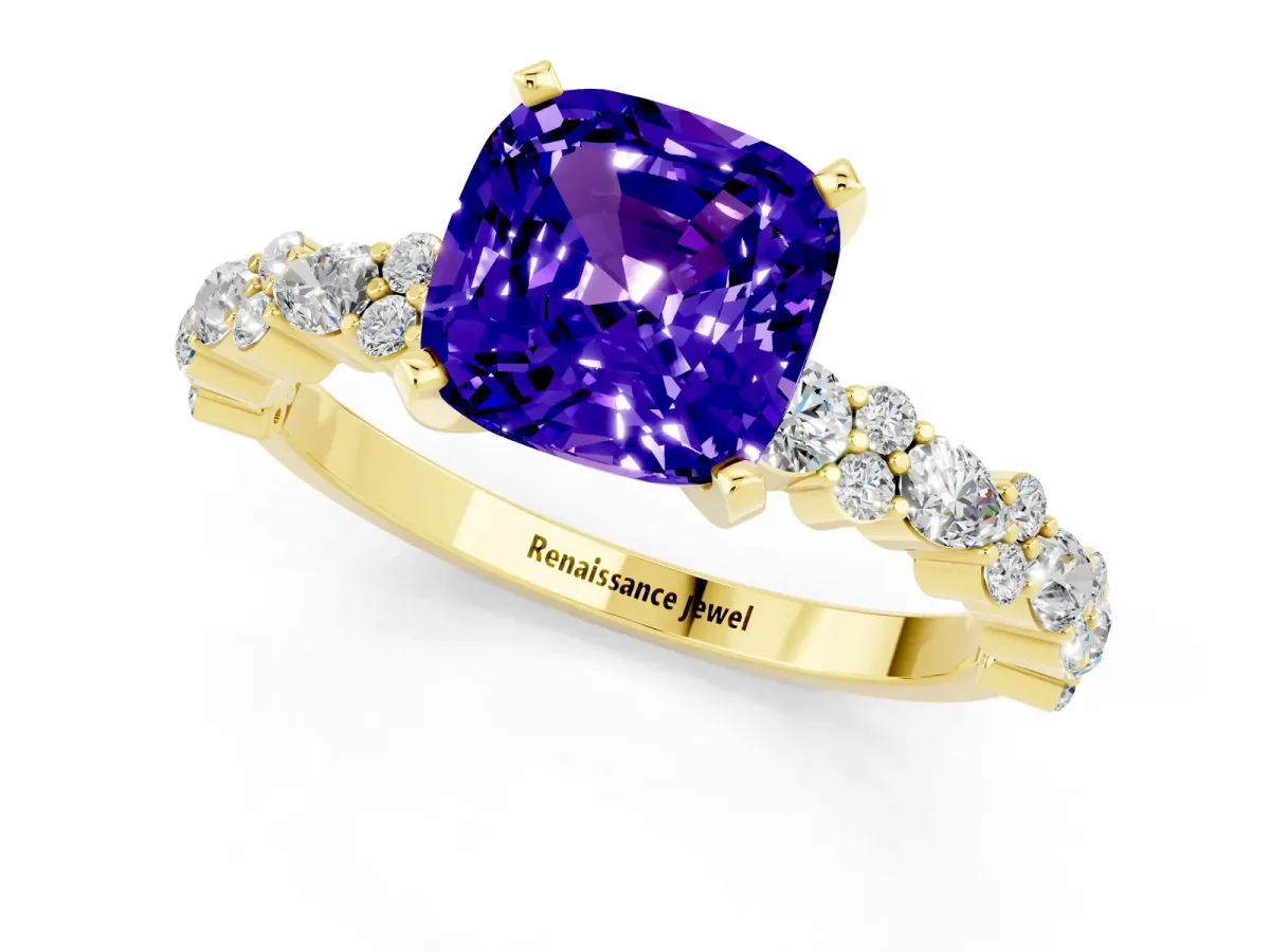 Cushion Cut Tanzanite Side Stone Solitaire Ring with Round and Four-Prong Setting Yellow gold