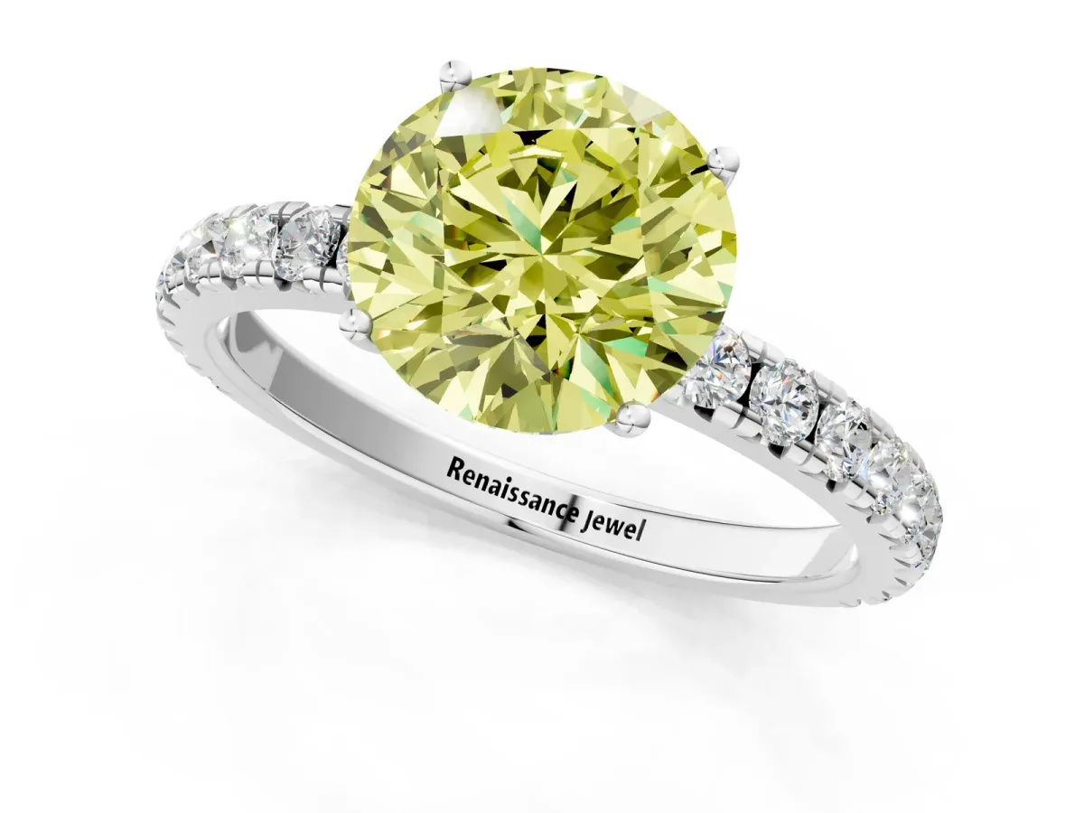 Fancy Yellow Round Cut Diamond Pavé Solitaire Engagement Ring with Four-Prong Setting Silver