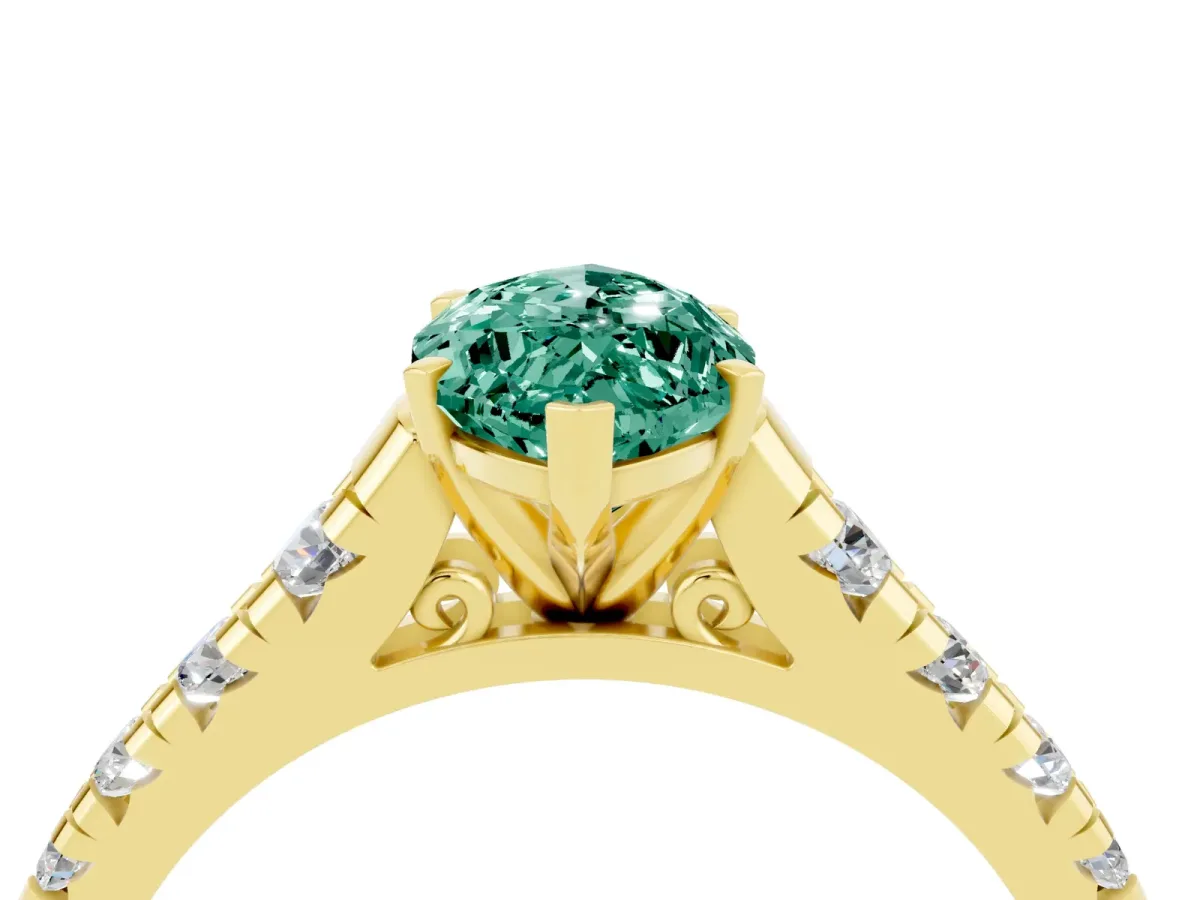 Marquise Cut Green Sapphire Cathedral Solitaire Ring with Round Pavé Band Yellow gold
