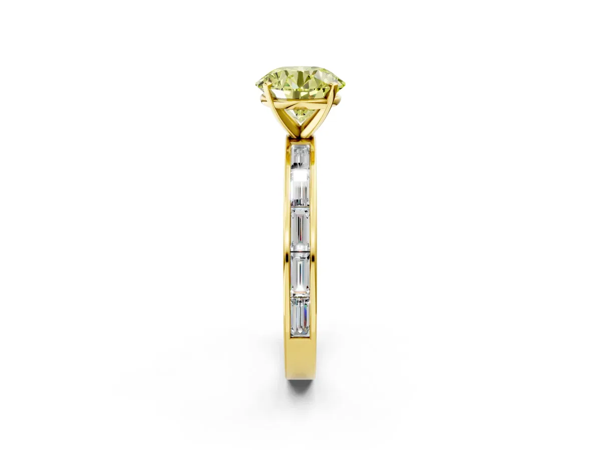 Fancy Yellow Round Cut Solitaire Diamond Ring with Channel-Set Baguette Band and Four-Prong Setting Yellow gold