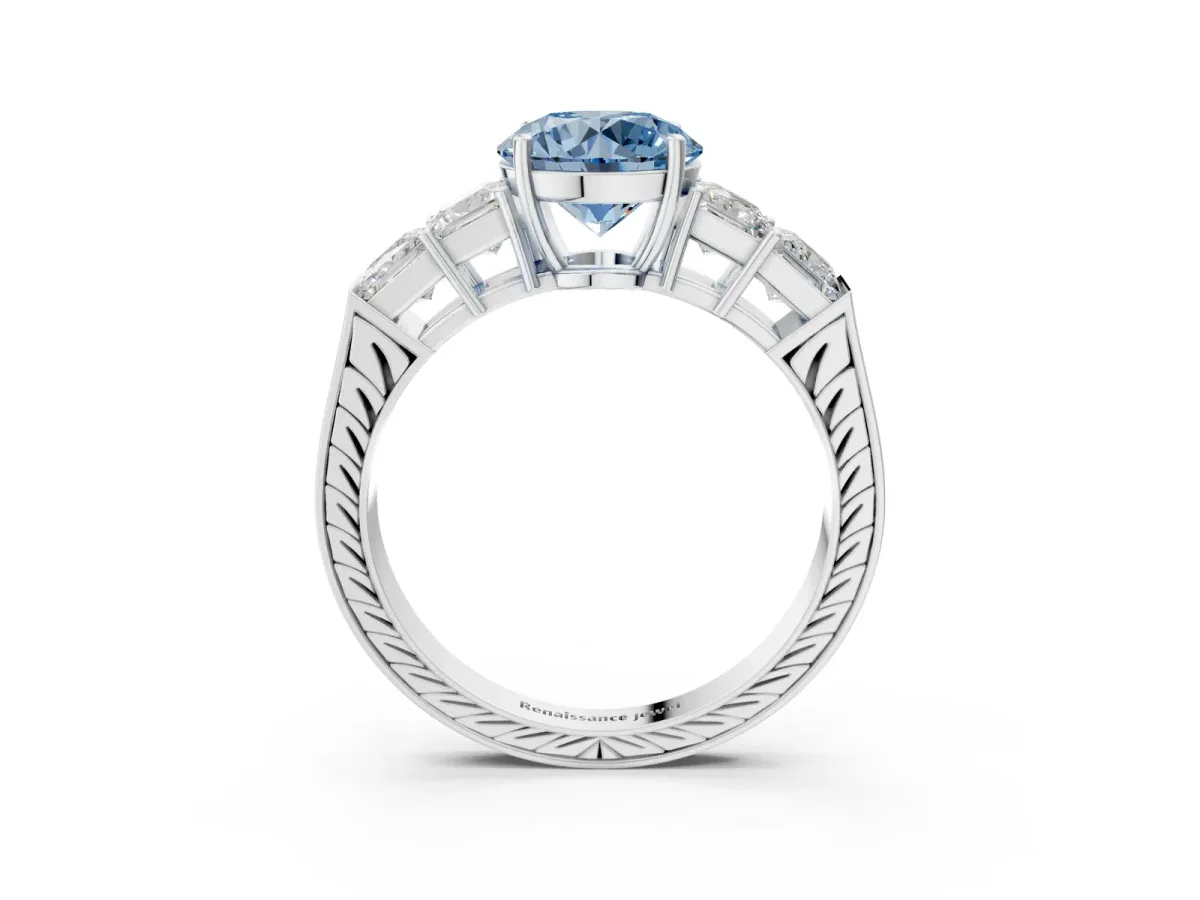 Fancy Blue Round Cut Solitaire Princess Side Stone Engraved Band Prong Setting Ring White gold
