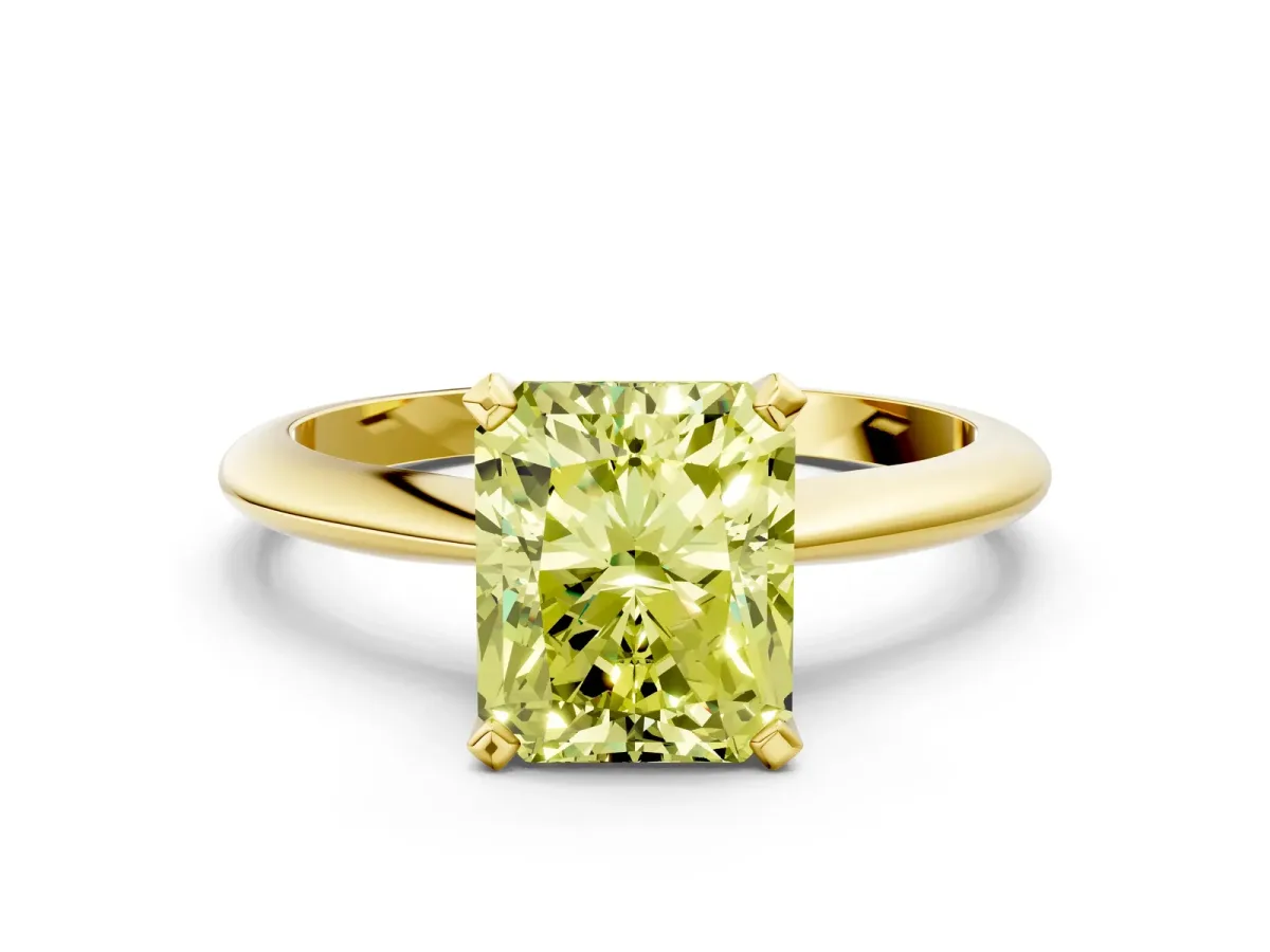 Fancy Yellow Radiant Cut Diamond Solitaire Engagement Ring with Classic Band and Four-Prong Setting Yellow gold