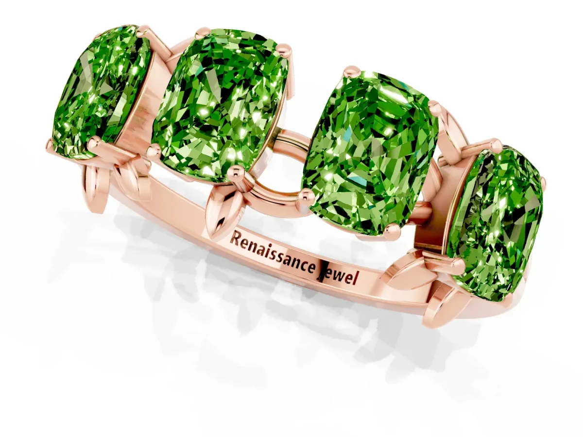 Four-Stone Elongated Cushion Peridot Band with Nature-Inspired Prong Setting Rose gold