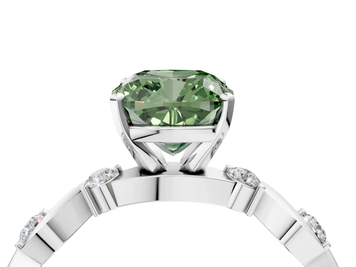 Fancy Green Cushion Cut Diamond Solitaire Twisted Band with Round Accents and Prong Setting White gold